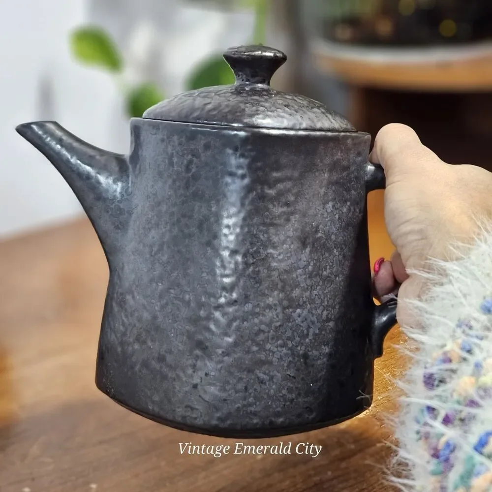 Vtg Designpac Triangular Brown Black Ceramic Teapot Melrose Park Stoneware Lid